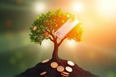Financial growth tree with coins and tax documents.
