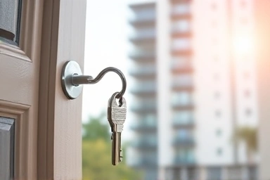Key unlocking a door to a modern apartment building, symbolizing loan access.
