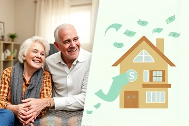 Elderly couple enjoying retirement, reverse mortgage benefits, financial flow