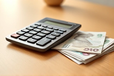Financial calculator and Korean currency on a desk.