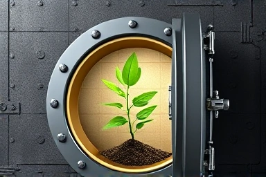 Secure vault opening to reveal a growing plant representing wealth.