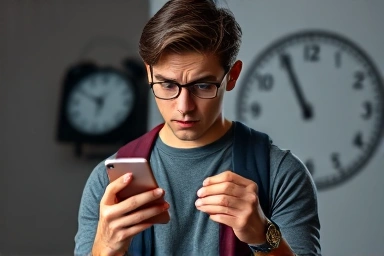 Student stressed with smartphone, banking app, urgent loan concept.