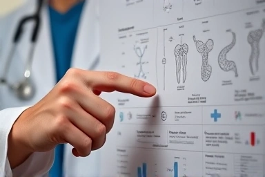 Doctor pointing at complex medical chart with biological diagrams