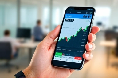 Hand holding smartphone with trading app, stock charts