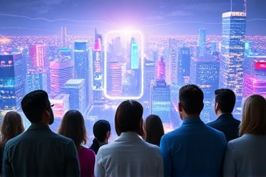 Optimistic investors looking at futuristic tech city symbolizing ETF growth.