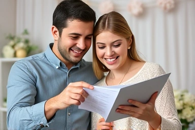 Couple planning wedding finances with calculator.
