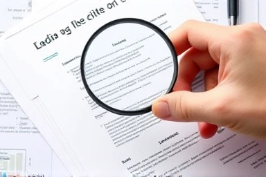 Magnifying glass on financial documents for loan review.