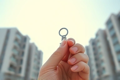 Hand holding apartment key, modern buildings, future potential.