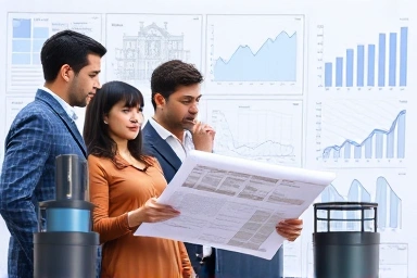 People analyzing real estate investment data and blueprints.