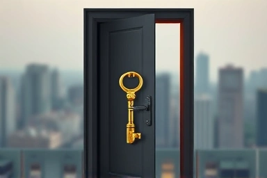 Golden key unlocking hidden door, symbolizing real estate opportunity.