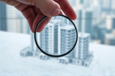 Magnifying glass on apartment blueprint, symbolizing profit analysis.