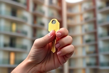 Hand holding golden key to unlock apartment ownership dream