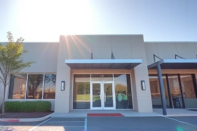 Modern commercial building facade with sunlight.