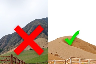 Steep undeveloped land vs. cleared land for construction.