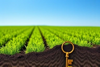 Symbolic golden key on fertile farmland representing land ownership and acquisition.