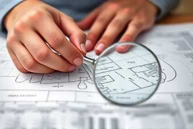 Close-up of hands examining a land map with a magnifying glass, symbolizing careful planning for farmland acquisition.