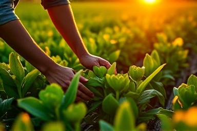 Farmer cultivating a healthy field at sunset, symbolizing subsidy eligibility.