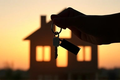 Symbolic real estate key handover with data analysis overlay.