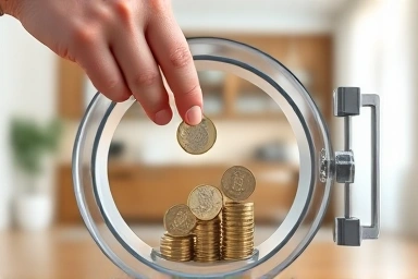 Hands depositing transparent coins into a vault for joint home funding.