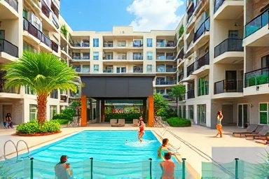 Luxurious apartment complex with diverse community facilities and happy residents.