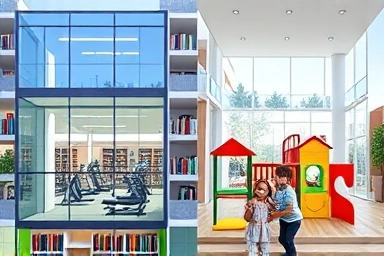 Modern apartment facilities: gym, library, and indoor playground for families.