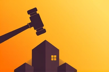 Gavel striking land with building, symbolizing stable real estate auction.