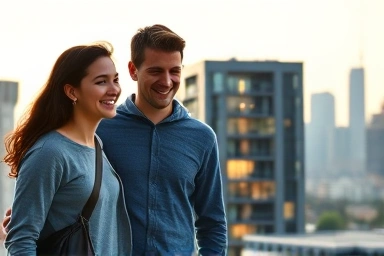 Young couple holding apartment key, hope for housing