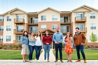 Diverse group looking towards affordable housing complex