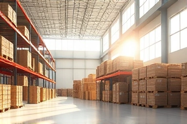Modern logistics warehouse interior, efficient, organized, sunlight, growth.