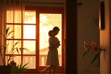 Symbolic image of a hopeful Korean family and home.