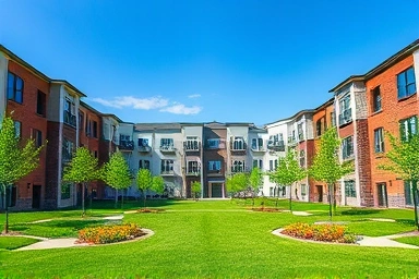 Modern apartment complex with green spaces under blue sky.