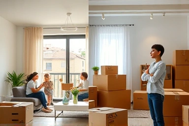 Modern apartment living vs. stressful moving-in chaos.