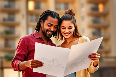 Happy couple reviewing home blueprints with hopeful expressions.