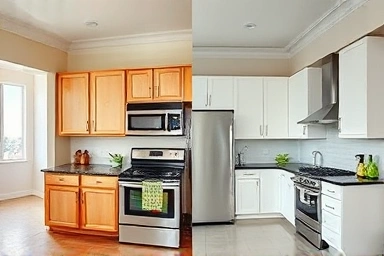 Before and after of apartment kitchen renovation, dated vs modern.