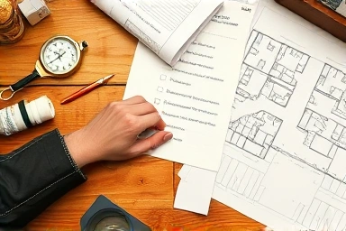Hands marking real estate inspection checklist with blueprints and tools.