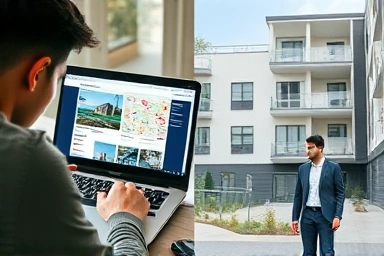 Split image: online property research versus on-site inspection.