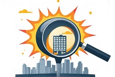 Financial bomb exploding over city, magnifying glass on stable building