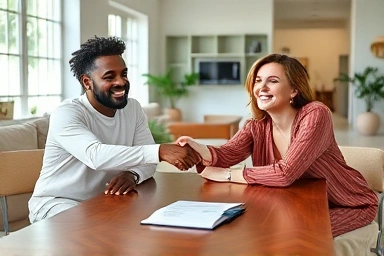 Happy people signing a share house agreement in a modern living room.