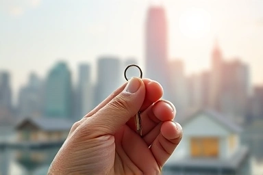 Hand holding key with city skyline and architectural models.