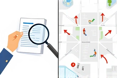 Symbolic illustration of contract review and business location analysis.