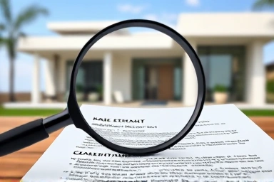 Magnifying glass over villa contract document.