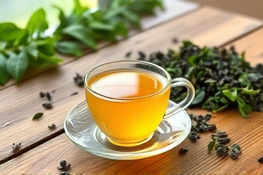 Herbal tea cup with tea leaves on wooden table