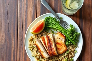 A healthy, balanced meal featuring lean protein, complex carbohydrates, and fresh vegetables.