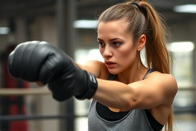 Woman boxing intensely, achieving fitness goals.