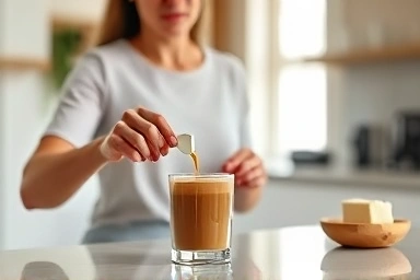 Preparing bulletproof coffee, mindful, healthy living, modern kitchen.