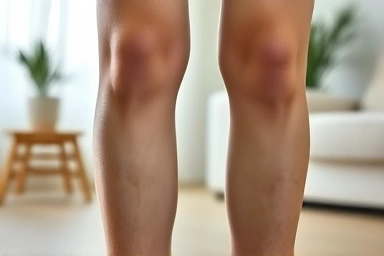 Woman's legs with mild calf swelling, seeking relief.