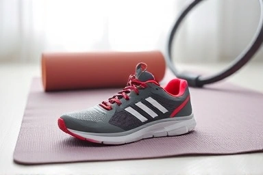 Yoga mat with foam roller, yoga ring, and athletic shoes.