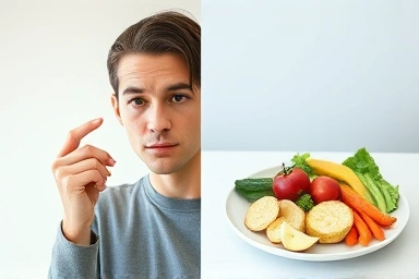 Person considering diet pill and healthy food options