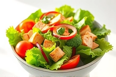 Healthy salad bowl with lean protein and fresh vegetables.