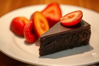Small slice of dark chocolate cake and fresh fruits.